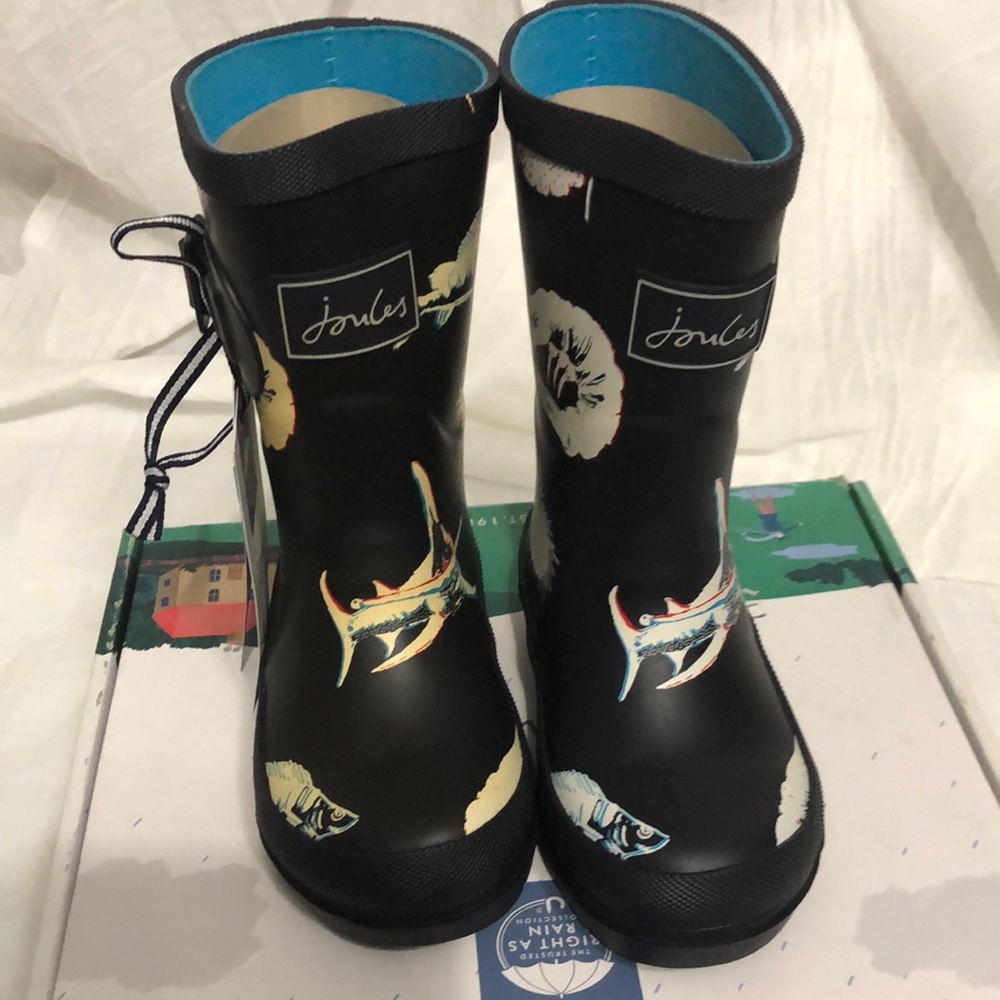 Joules Black Fish & Shell Print Kids Rain Boots size 9 NWT